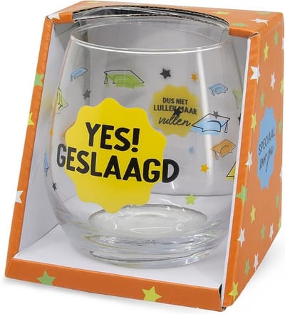 Geslaagd - Snoep - Wijnglas - Yes! Geslaagd - zijden lint: "Speciaal voor jou" - Cadeauverpakking