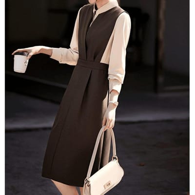 Nieuwe Mode Temperament Elegant Contrasterende Kleur Splicing Fake Tweedelig Pendelen Dunne Jurk Vrouwen 2XL