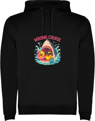 Zwarte hoodie Kleurrijke Haai met twee badeendjes - WRONG CRUISE - Geweldig - Humor Maat M