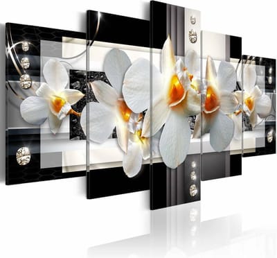 Schilderij - Zonnige Orchidee, 5 luik, Wit/Zwart/Oranje, 2 maten, Premium print
