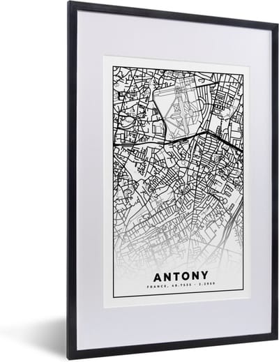 Fotolijst incl. Poster Zwart Wit- Stadskaart - Antony - Frankrijk - Kaart - Plattegrond - Zwart wit - 40x60 cm - Posterlijst