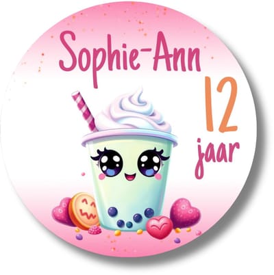 Gepersonaliseerde traktatie stickers milkshake - naam en leeftijd - verjaardag - 20 stuks