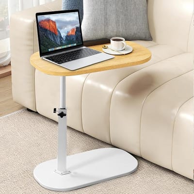 Bijzettafel C-vorm - Kleine salontafel Laptoptafel - Ruimtebesparend werken - 360 graden draaibaar - 40-80 cm hoogte - Natuurhoutkleur