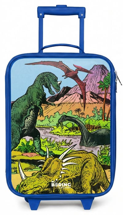NoBoringSuitcases.com® - Kinderkoffer blauw - Kindertrolley jongen - Dino's bij een vulkaan - Koffer kind lichtgewicht - Reiskoffer trolley voor kinderen - Koffertje met lichtgevende wieltjes - Rolkoffer