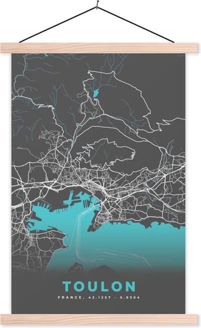 Posterhanger incl. Poster 40x60 cm - Schoolplaat - Toulon - Kaart - Frankrijk - Stadskaart - Plattegrond - Textielposter - Blanke latten - Stadskaart