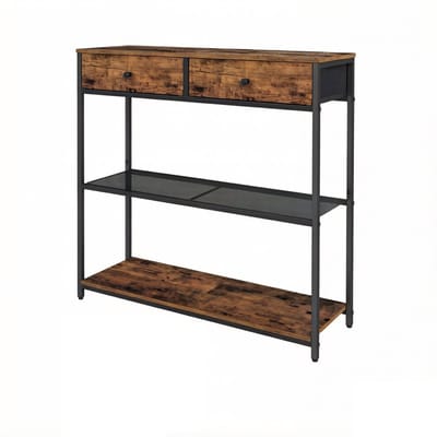 Bijzettafel Consoletafel Entreetafel Multifunctionele Opbergtafel met 2 Stoffen Laden en Drielaagse Opbergplanken Eenvoudig te Monteren en te Reinigen Modern en Stijlvol Ontwerp Geschikt voor Woonkamer Slaapkamer en Keuken 24×76×80 cm Bruin+Zwart
