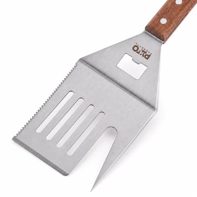 PyroProducts BBQ Spatel 5 in 1 - Grill Spatel en BBQ Gereedschap - Vork, Flesopener en Kartelmes - RVS 42 cm