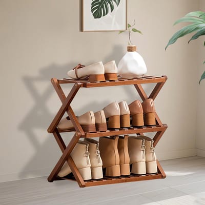 Dailygoods- Schoenenrek 3-laags - Bamboe - Draagbaar - Opvouwbaar - Klein - 50 x 25 x 39 cm - Schoenenopbergrek