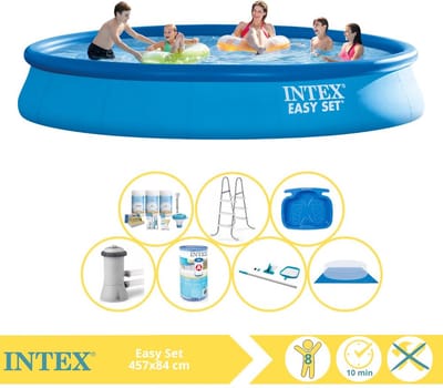 Intex Rond Opblaasbaar Easy Set Zwembad - 457 x 84 cm - Blauw - Inclusief Pomp - Onderhoudspakket - Filter - Grondzeil - Schoonmaakset - Ladder - Voetenbad - 8-delig