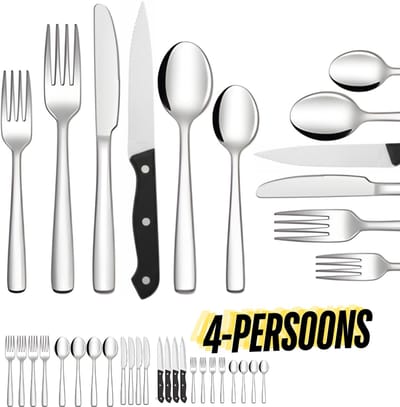 Keukenvriend Bestekset 4 Persoons (24-delig) Zilver | Lepels, Messen, Vorken, Steakmessen & Gebaksvorkjes | Incl. Premium Polish Doek & Luxe Cadeauverpakking | Hoogwaardig Edelstaal - Vaatwasserbestendig - 24 maanden Garantie