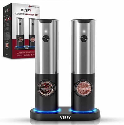 Vesfy Elektrische Peper en Zoutmolen Set - USB Oplaadbaar met Laadstation - RVS - Instelbare Maalgraad - LED Licht - 2 Stuks