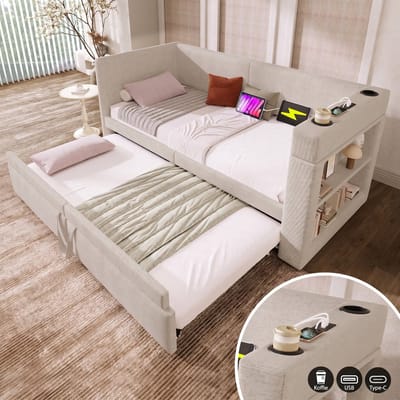 VVBV Slaapbank 90x200 cm - USB-C, Linnen, Beige, Zonder Matras, Uitschuifbed
