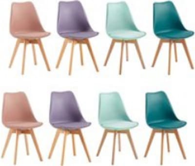 Eetkamerstoelen-Eetkamerstoelen set van 8-gestoffeerd-vintage stijl- met massief beukenhouten poten-2 roze fumé + 2 turquoise + 2 mintgroen + 2 paars grijs.