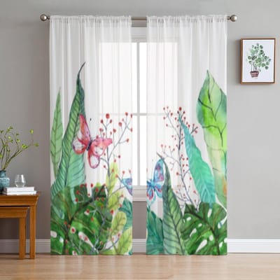 Bloem Plant Tropische Tule Pure Gordijnen voor Woonkamer de Kamer Slaapkamer Keuken Decoratie Voile Organza Gordijnen 135W x 114H(cm) white