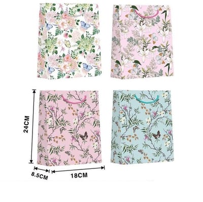 Set met 12 cadeautasjes - Bloemen - Vlinders - Afmeting 24 x 18 x 8,5 cm. - Roze - Groen - Wit - Lila
