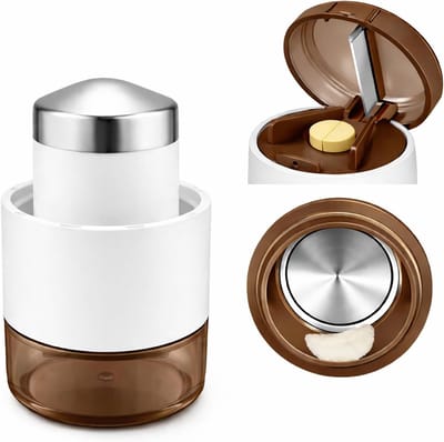 3-in-1 pillensplitter met pillenvermaler en pillensnijder, pillenvermaler met maalmechanisme van roestvrij staal, pillenverdeler met stamper, BPA-vrij, voor senioren, huisdieren en op reis（Koffiekleurig）