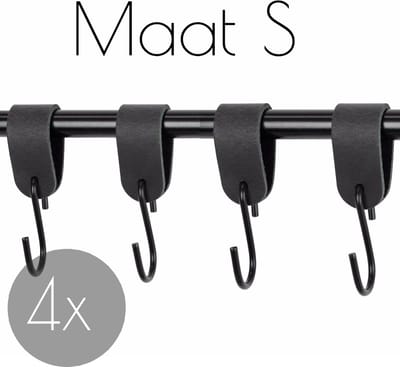 4x S-haak hangers - Handles and more® | VINTAGE BLACK - maat S (Leren S-haken - S haken - handdoekkaakje - kapstokhaak - ophanghaken)
