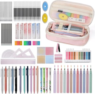 108 Stuks Aesthetic Schoolbenodigdheden met Roze Mappen, Pastel Markers, Gummibaren en Meer voor Studenten en Schoolgebruik
