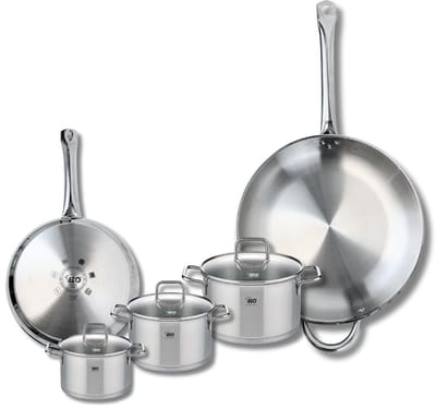 Set van 2 Koekenpannen 24 en 32 cm en 3 kookpotten 12, 14 en 16 cm Elo Profi Citrin