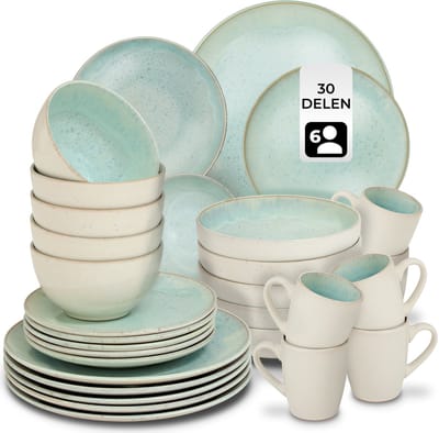 tectake® Serviesset Mare - 30-delig - Aardewerk met Glanzend Glazuur - 6 Persoons - Handgemaakt Servies - Moderne Bordenset met Grote en Kleine Borden, Kommen, Schaaltjes en Kopjes - Vaatwasser- en Magnetronbestendig - Munt