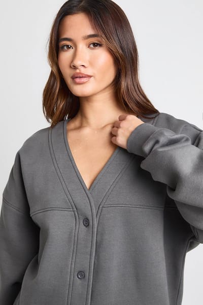 boohoo Dames Tall Doorknoop Cardigan Sweatshirt En Rechte Pijp Joggingbroek Trainingspak | Charcoal | Maat: Large