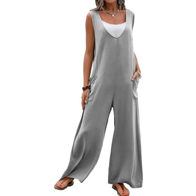 Zomer Dames Jumpsuit V-hals Wijde Pijpen Diep Kruis Mouwloos Los Effen Kleur Zijzakken Pullover Casual Dagelijkse Kleding Volledige Lengte M