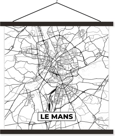 Posterhanger incl. Poster 60x60 cm - Schoolplaat - Stadskaart - Le Mans - Plattegrond - Kaart - Frankrijk - Zwart wit - Textielposter - Zwarte latten - Stadskaart