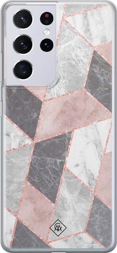 Casimoda® hoesje - Geschikt voor Samsung S21 Ultra - Stone grid marmer / Abstract marble - Backcover - Siliconen/TPU - Roze