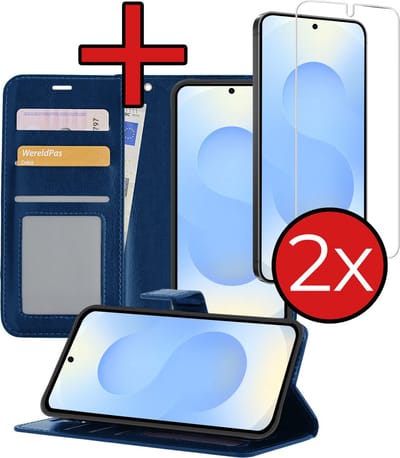 Hoesje - Met 2x Screenprotector - Geschikt voor Samsung Galaxy S25 - Luxe Pasjeshouder - Flip Case - Bookcase Portemonee - Kunstleer Book Case - Flipcase Hoes - Book Cover - Walletcase - Portemonneehoes - Telefoonhoes - Donkerblauw