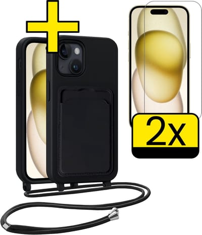 Hoesje Geschikt voor iPhone 15 Plus Telefoonhoesje Met Koord Case Pashouder Met 2x Screenprotector Siliconen - Hoes Geschikt voor iPhone 15 Plus Hoesje Met Kaarthouder - Zwart