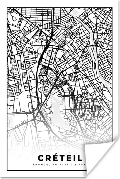 Poster Stadskaart - Créteil - Plattegrond - Kaart - Frankrijk - Zwart wit - 120x180 cm XXL