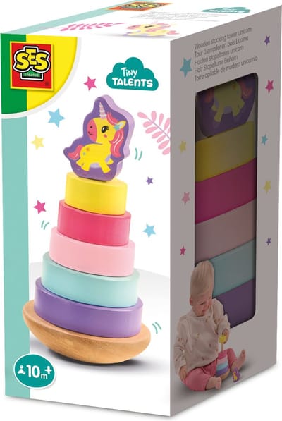 SES Creative - Tiny Talents - Houten Stapeltoren Eenhoorn - motoriek speelgoed - kleurrijk stapelen - leert vormen en kleuren - houten speelgoed - eenhoorn thema - baby educatief speelgoed