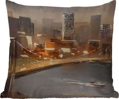 Buitenkussen Weerbestendig - Schilderij - Olieverf - Skyline - Stad - Water - 50x50 cm