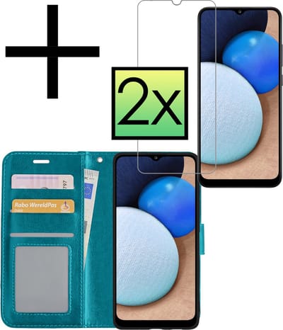Hoesje - Met 2x Screenprotector - Geschikt voor Samsung Galaxy A02s - Luxe Pasjeshouder - Bookcase Portemonee - Flip Case - Kunstleer Book Case - Flipcase Hoes - Book Cover - Walletcase - Portemonneehoes - Turquoise