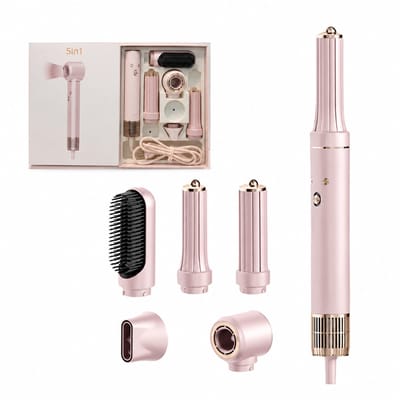 5-in-1 haardroger- en heteluchtborstelset - 220 V - krachtige borstelloze motor - voor droog en nat haar - roze