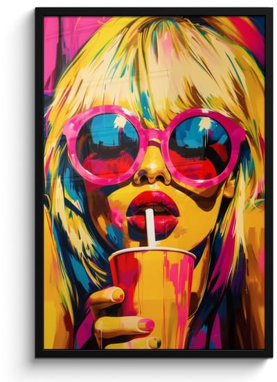 Poster in lijst - Fotolijst 60x90 cm - Posters - Zonnebril - Roze - Vrouw - Rietje - Posterlijst zwart - Decoratie - Wanddecoratie woonkamer - Muurdecoratie slaapkamer