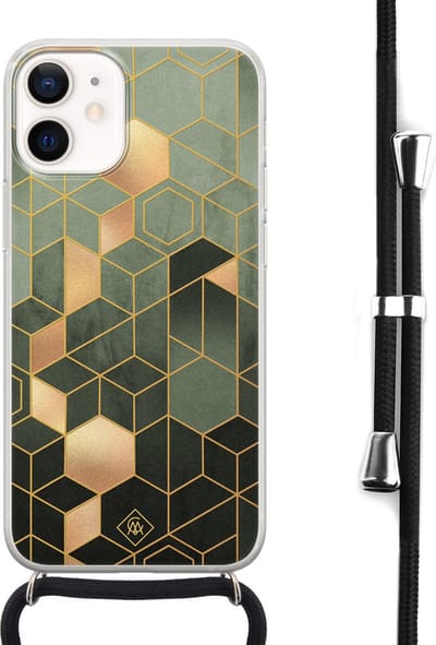 Casimoda® hoesje met koord - Geschikt voor iPhone 12 Mini - Kubus Groen - Afneembaar koord - Siliconen/TPU - Groen