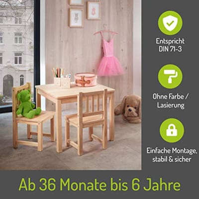 Stevige kindermeubels: Tafel met stoelen Amy van massief grenen voor kinderen