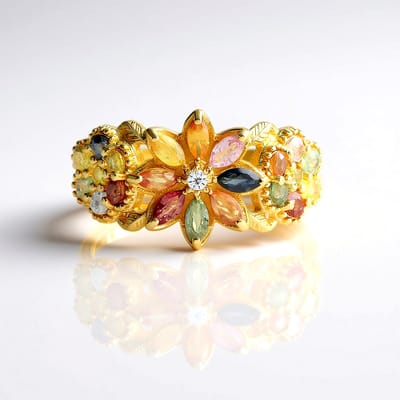 Cavill - Zilveren Ring - 925 Sterling Zilver Verguld - Marquise en Ronde Madagaskische Saffieren 1,637 Ct - Luxe Damesring met Cambodjaanse Zirkoon
