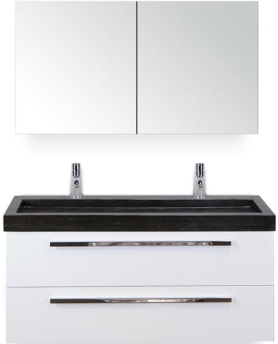 Seville Badmeubelset 120 cm - 2 Laden Wit Hoogglans - Wastafel Lucca Enkel met Spiegelkast