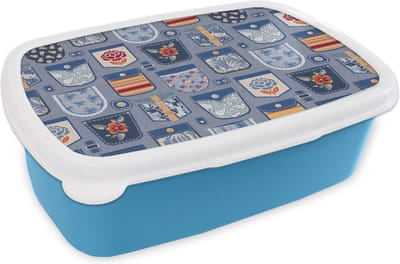 Broodtrommel Blauw - Lunchbox - Brooddoos - Broek - Denim - Patch - Patronen - 18x12x6 cm - Kinderen - Jongen