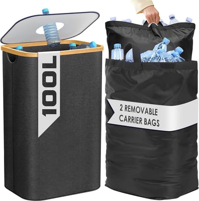 PromoHome Keuken Afvalbak met 2 XXL Draagtassen - 100 Liter Afvalemmer voor Recyclen en Afvalscheiding - Opvouwbare Prullenbak voor Keuken en Huishouden