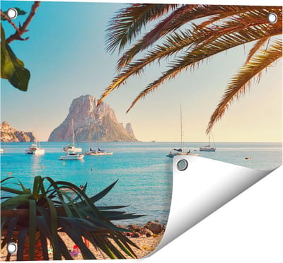 Gards Tuinposter Ibiza Cala d'Hort Strand - 50x40 cm - Tuindoek - Tuindecoratie - Wanddecoratie buiten - Tuinschilderij