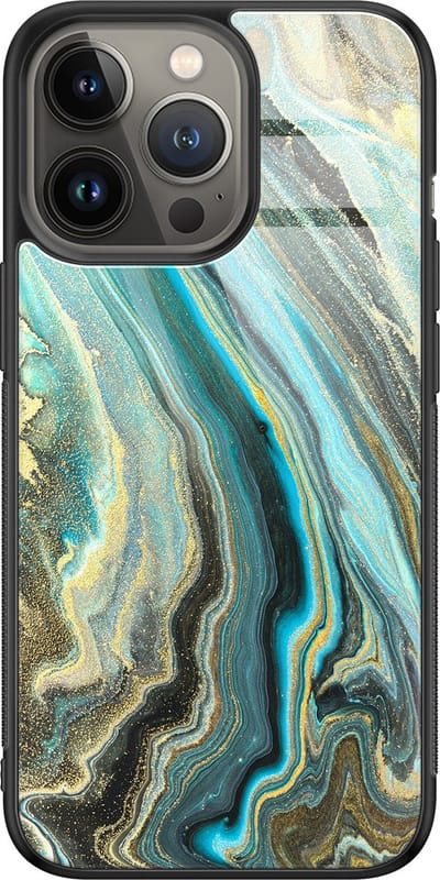 Hoesje geschikt voor iPhone 13 Pro Max - Marmer mint - Luxe Glazen Hardcase - Marmer - Multi - Leuke Telefoonhoesjes