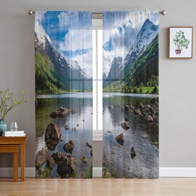 Bergpijnboombos Zon Tule Gordijnen Voor Slaapkamer Modern Voile Gordijnen Huisdecoratie Raamgordijnen 135W x 114H(cm) black