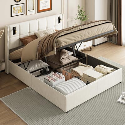 Tweepersoonsbed met lades van 140 x 200 cm - Hydraulisch bed met leeslamp en lattenbodem - Beige en wit
