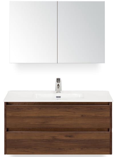 Dante Badmeubelset 100 cm - Walnoot - Keramische Wastafel Wit Cover met Spiegelkast