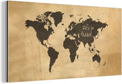 Wanddecoratie Metaal - Aluminium Schilderij Industrieel - Wereldkaart - Spreuken - Zwart - 120x60 cm - Dibond - Foto op aluminium - Industriële muurdecoratie - Voor de woonkamer/slaapkamer