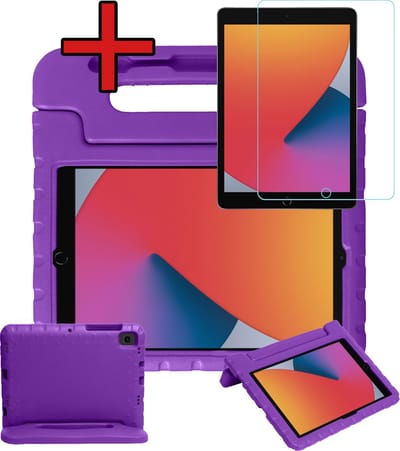 Hoesje - Geschikt voor Apple iPad 7/8 (2019/2020) - 10.2 inch - 7e/8e Generatie - Met Screenprotector - Kinderhoes - Shockproof Bumper - Kidsproof Case - Tablethoes - Kinder Hoes Cover - Paars
