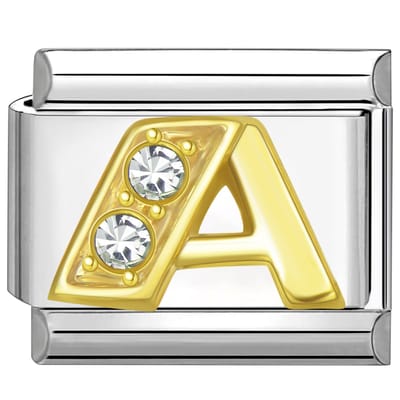 Quiges - Schakel - Bedel - 9mm - charms - Goud - Zirkonia - alfabet - letter A - Geschikt voor - armband - Schakelarmband - italy bedels armband